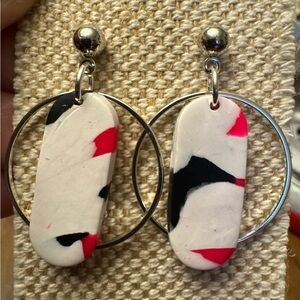 Abstract Hot Pink and Black Clay Dangle Earrings with Silver‎ Hoop